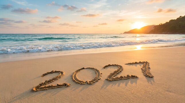 New Year inscription 2027 written in sand on beach at sunset with ocean waves and calm water suggesting peaceful start of future celebration and happy holidays.