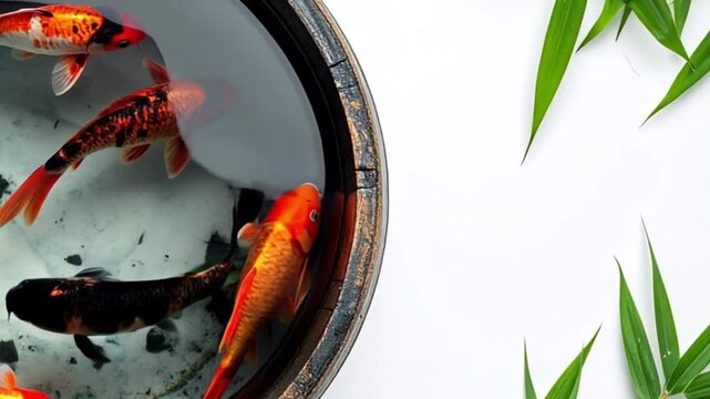 Goldfish swimming in a barrel and copy space　樽の中を泳ぐ金魚とコピースペース