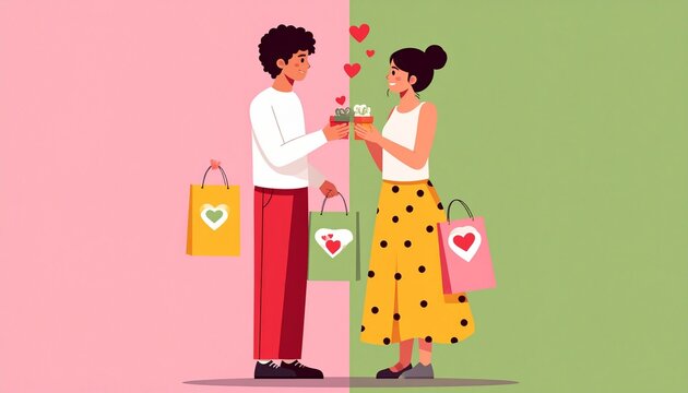 Couple exchanging heart gift box.