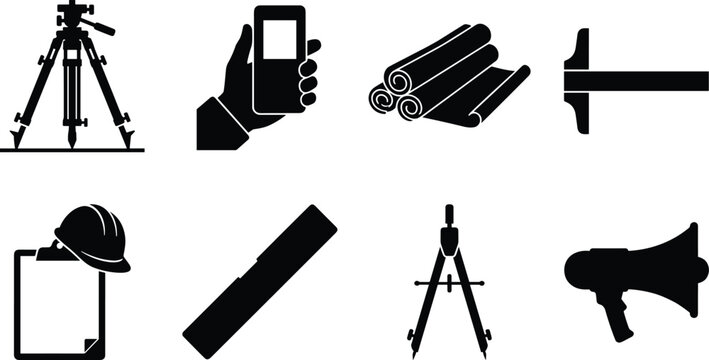 Set of Black Construction and Engineering Icons Featuring Surveying and Drafting Equipment