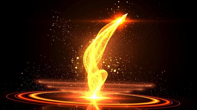 Startup growth momentum with golden energy light spark swirl, rocket launch trail and glowing particle lens flare aura on abstract dark sky background