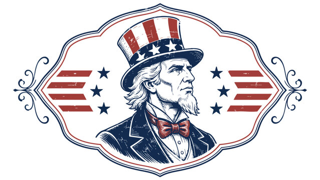Patriotic Monoline Design of Uncle Sam wearing a 4th of July hat with minimalist line art
