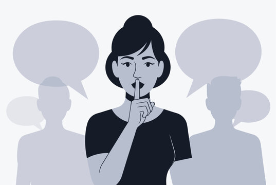 Concerned woman making a silence gesture with her finger to her lips while mysterious silhouettes whisper in the background setting.