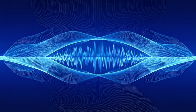 Symmetrical glowing blue waveforms on dark background, oscillating peaks and troughs resembling audio signal, abstract sound vibration and energy transmission theme.