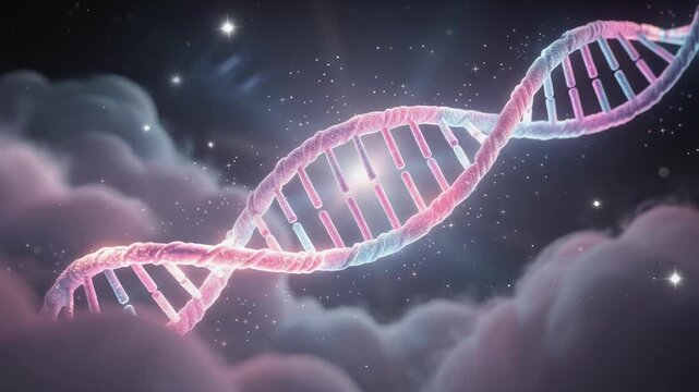 Glowing double helix twists gracefully through cosmic cloudscape, illuminated by stars, creating mesmerizing scene of science