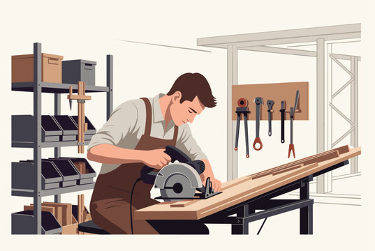 Focused carpenter wearing an apron uses a powerful electric circular saw to cut a long wooden board in a well equipped workshop.