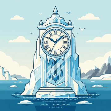 Antique clock melting on an iceberg in the ocean.