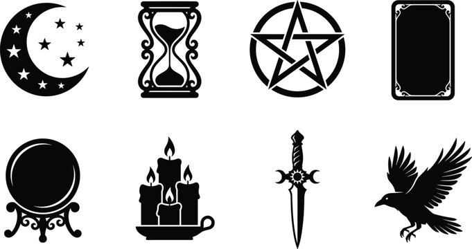 Set of Black Mystical and Occult Icons Featuring Witchcraft and Esoteric Symbols