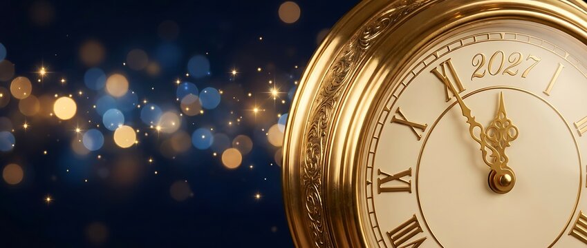 Close up golden luxury clock face with roman numerals indicating almost midnight on white background featuring 2027 text surrounded by dark blue bokeh circles and twinkling fairy stars.