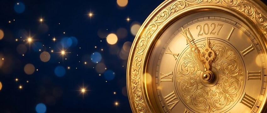 Intricate golden ornate clock face displaying 2027 with delicate hands pointing towards midnight set against deep blue background with soft glowing bokeh spheres and starry light particles.