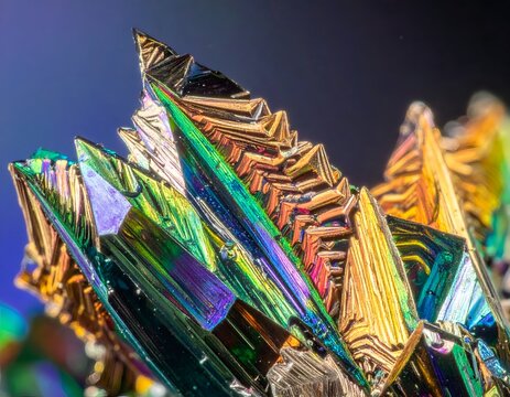 Extreme macro detailed colorful bismuth crystal mineral gemstone cluster pattern abstract geology texture background