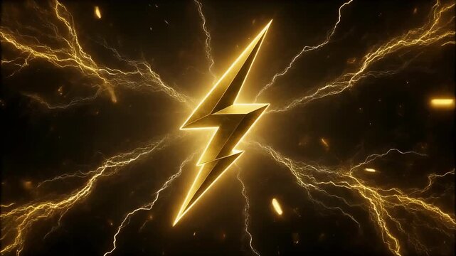Glowing golden lightning bolt radiates energy, surrounded by electric currents and sparks, creating dynamic visual impact