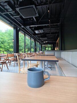 Cozy cafe interior with exposed beams and greenery outside. Wooden tables and chairs sit quietly near a long bench. Blue mug rests on a table in the foreground