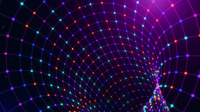 Abstract futuristic wireframe tunnel bending toward the lower right with luminous network particles and neon colors, creating a dynamic digital communication background with deep perspective.