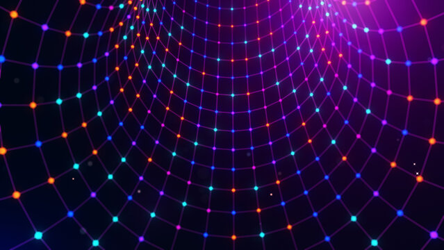 Vertical futuristic wormhole tunnel built from glowing wireframe connections and colorful particles, creating an immersive abstract technology background with modern digital aesthetics.