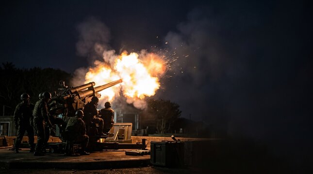 夜間の軍事演習で発射される高射砲のマズルフラッシュ