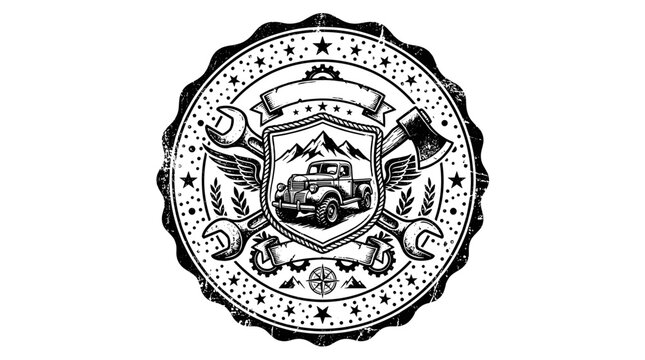 Mechanic service emblem with classic truck and wrenches.