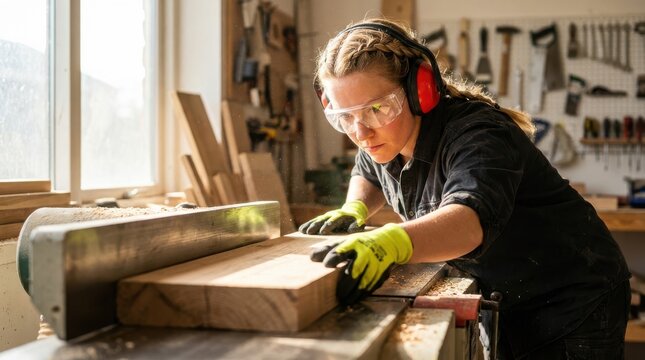 Young female carpenter using thickness planer for wood, wearing protective earmuffs and safety glasses.