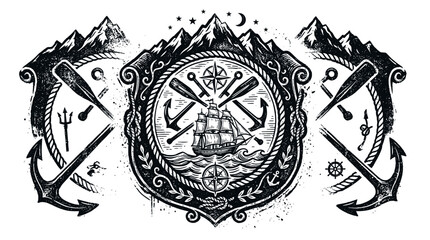 Obraz premium Nautical triptych illustration with ship and mountains