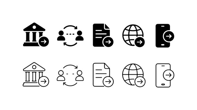 Business Transfer and Data Export Icon Set in Silhouette and Outline Style