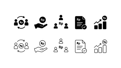 Fototapeta premium Indonesian Rupiah Currency Financial Icon Set in Solid and Outline Style