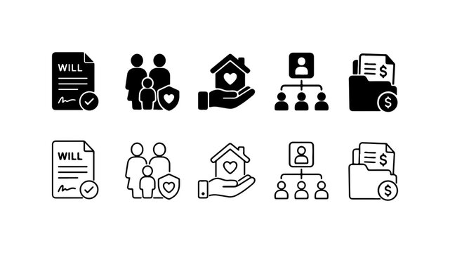 Inheritance and Estate Planning Icon Set in Silhouette and Outline Vector