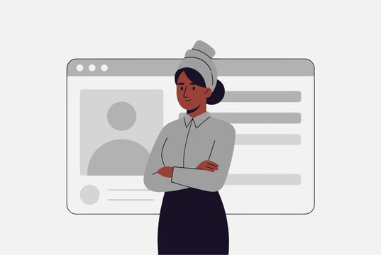 Professional woman standing with crossed arms in front of a large web browser window displaying a user profile and text fields.