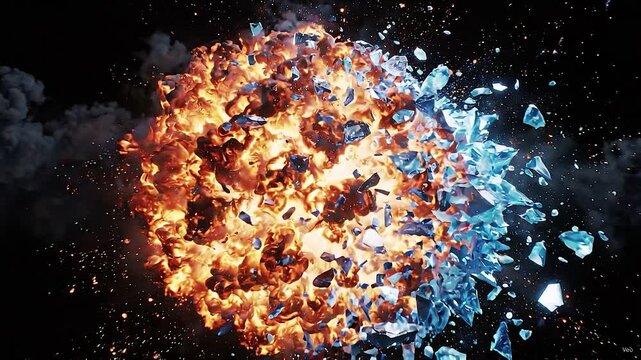 Explosion of Elements A dramatic visual spectacle where fire and ice collide and shatter in a burst of energy and fragments against a dark backdrop symbolizing chaos and transformation