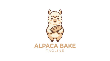 Fototapeta premium Cute alpaca holding bread in flat cartoon vector style, perfect for bakery branding, cafe logos, food packaging, children's products, stickers, merchandise, and promotional designs.