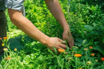 Fototapeta premium Gardener hands carefully tending to vibrant organic herbs and blooming marigold flowers in a lush sunlit vegetable garden, authentic sustainable farming and healthy lifestyle concept, close-up