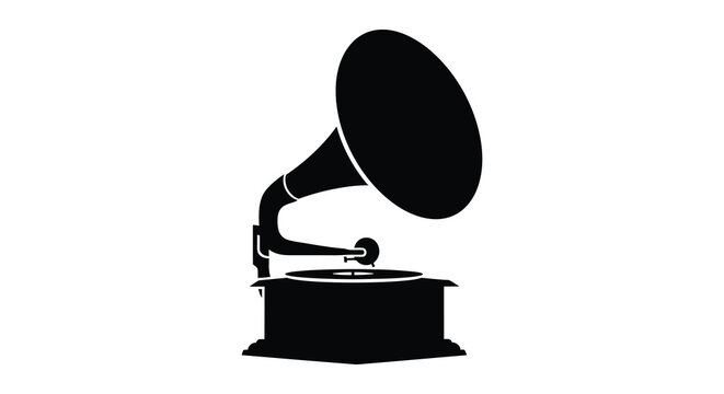 Vintage gramophone with flared horn black silhouette against a white background