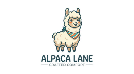 Fototapeta premium Cute alpaca mascot in flat cartoon vector style, perfect for farm branding, wool businesses, children's products, logo design, stickers, merchandise, and educational materials.