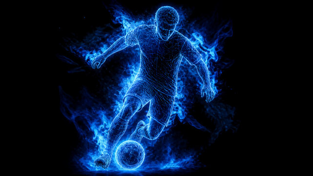 A digital wireframe illustration of a soccer player dribbling a soccer ball, engulfed in dynamic, glowing blue fire and smoke against a solid black background.