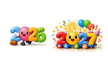 Fototapeta premium Happy New Year 2026 and 2027 cute 3D cartoon characters with toy train and balloons isolated on white