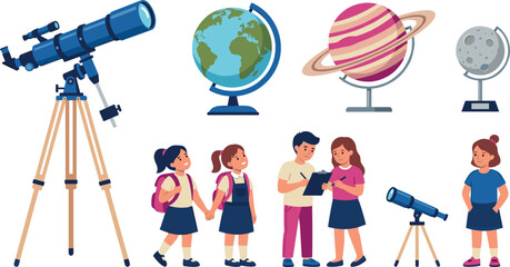 School Kids Astronomy Science Class Vector Element Set with Telescope, Globe, and Planet Models for Education Website Banners and Textbook Graphic Designs © Surjo