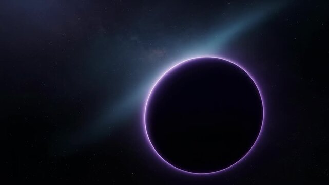 Glowing Purple Planet Emerges from Darkness, Surrounded by Starry Cosmic Backdrop and Celestial Glow Space, Evoking Wonder