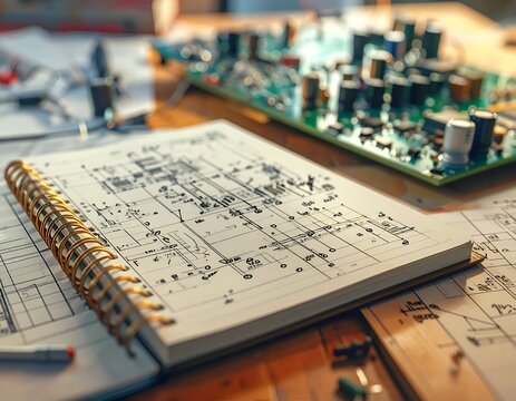 An open spiral notebook with handwritten electronic circuit diagrams lying beside a real circuit board on a workbench