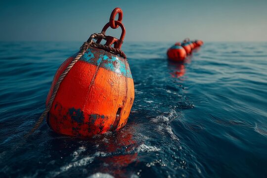 Floating orange mooring buoy in the blue ocean water with a calm atmosphere