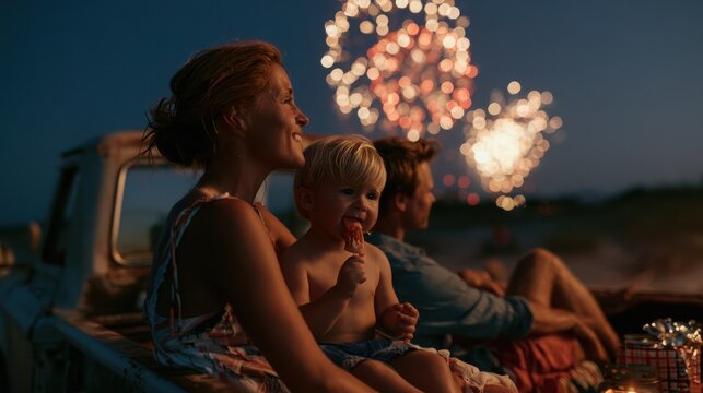 A happy family enjoys a summer evening together while watching colorful fireworks display from the back of an old pickup truck in a candid moment