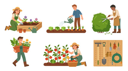 People engaging in diverse gardening activities with tools and plants in a home garden. © Studio84