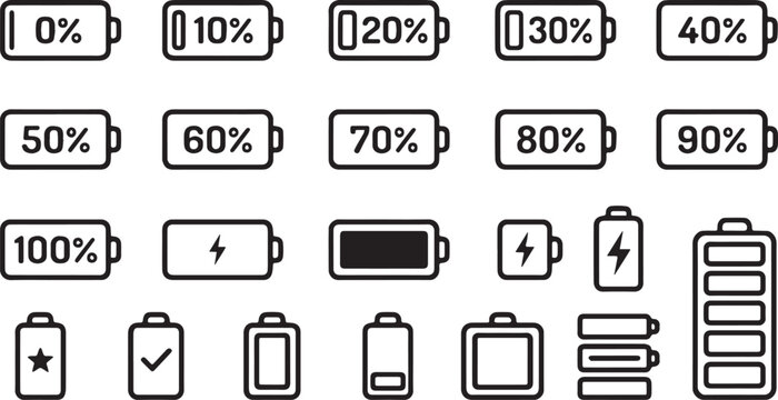 Battery Status, Life Indicator, and Power Level Linear Icons Collection