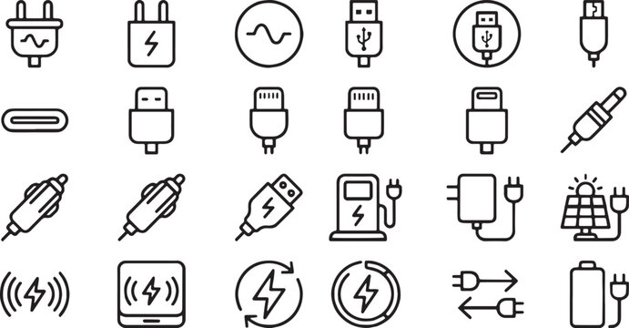 Power plug and device charger line icons set. USB cable, type c, wireless charging, and electrical connector outline vector icon collection