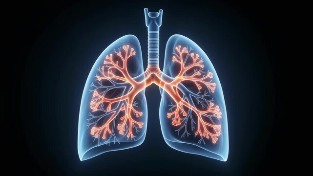 Glowing Transparent Lung Anatomy Detailed Bronchi and Alveoli Branches Showcase Intricate Medical Structures in Motion