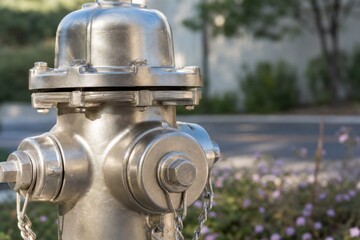 Fototapeta premium Metallic fire hydrant close-up, industrial urban safety equipment, shiny silver steel texture, outdoor street setting with blurred garden background, professional high-quality architectural detail