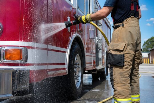 Professional firefighter washing red fire engine with high pressure water hose at station, wearing protective tan bunker gear and yellow gloves, dynamic maintenance scene, bright daylight