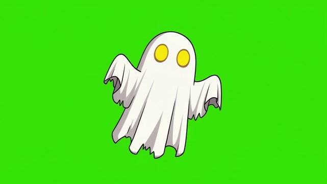 Playful Ghost with Large Black Eyes Floating in Vibrant Green Background, Creating Whimsical Atmosphere with Tattered White Sheet