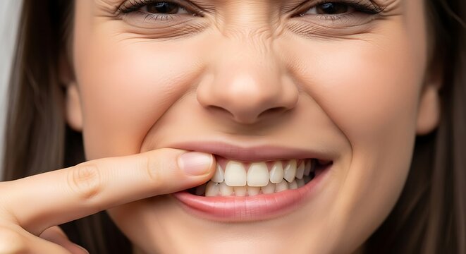 Close-up of a person playfully pulling their upper lip with a finger, revealing teeth and showcasing a playful expression.