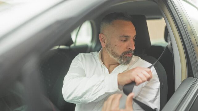Man fastening seatbelt in car while seated at the wheel on street, pulling strap across chest; caution road safety.
