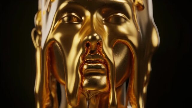 Golden humanoid face melts and reshapes in liquid gold, creating captivating visual effect under dramatic lighting