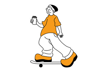 Young man riding skateboard holding coffee cup urban lifestyle activity © vectorclans